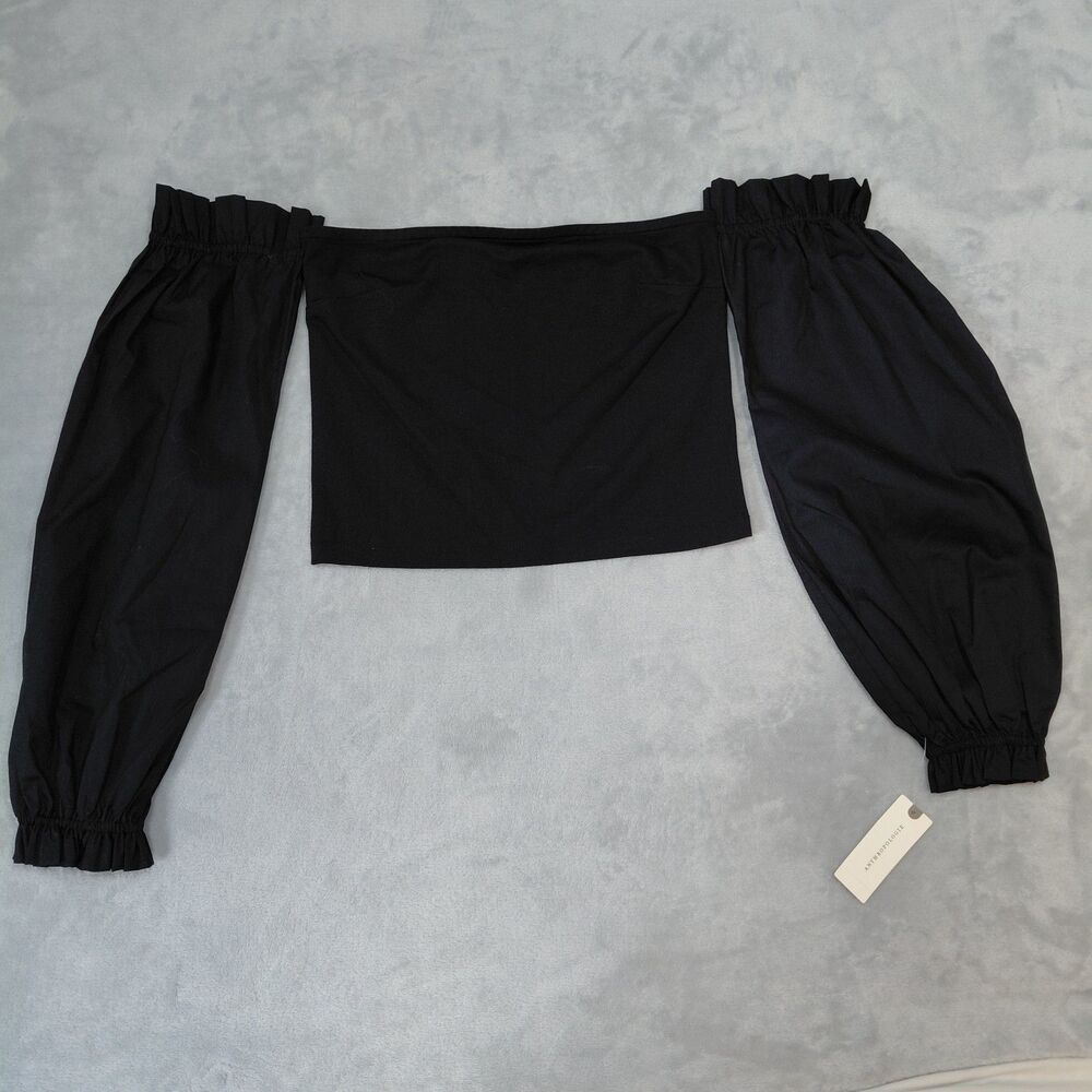 NWT Anthropologie Womens XS Black Off Shoulder Puff Sleeve Crop Top